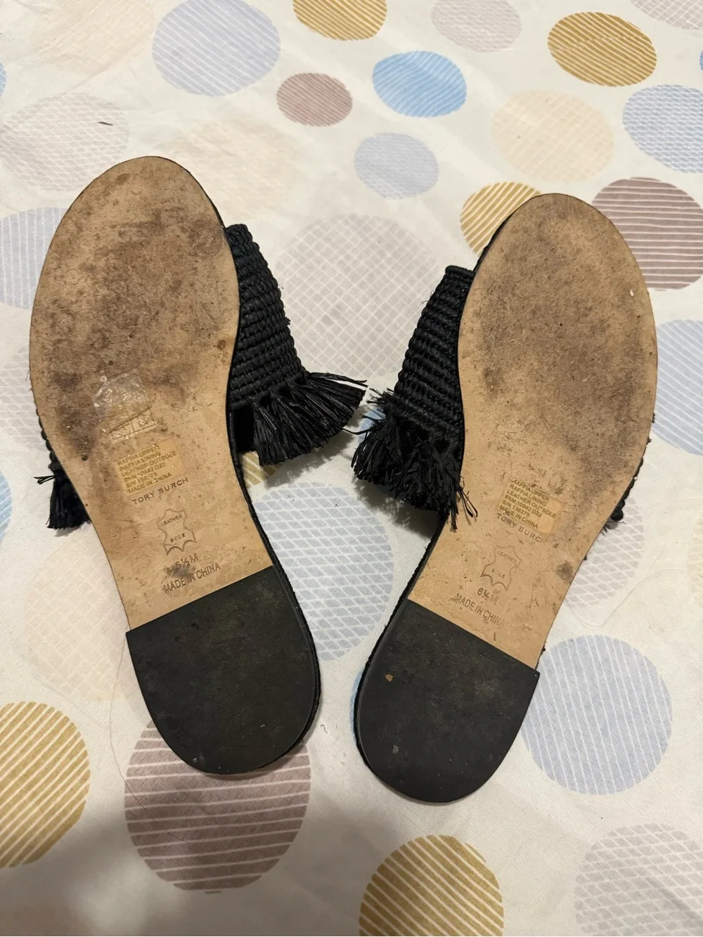 Tory Burch Black Raffia Slide Sandals with Natural Embroidered Detail